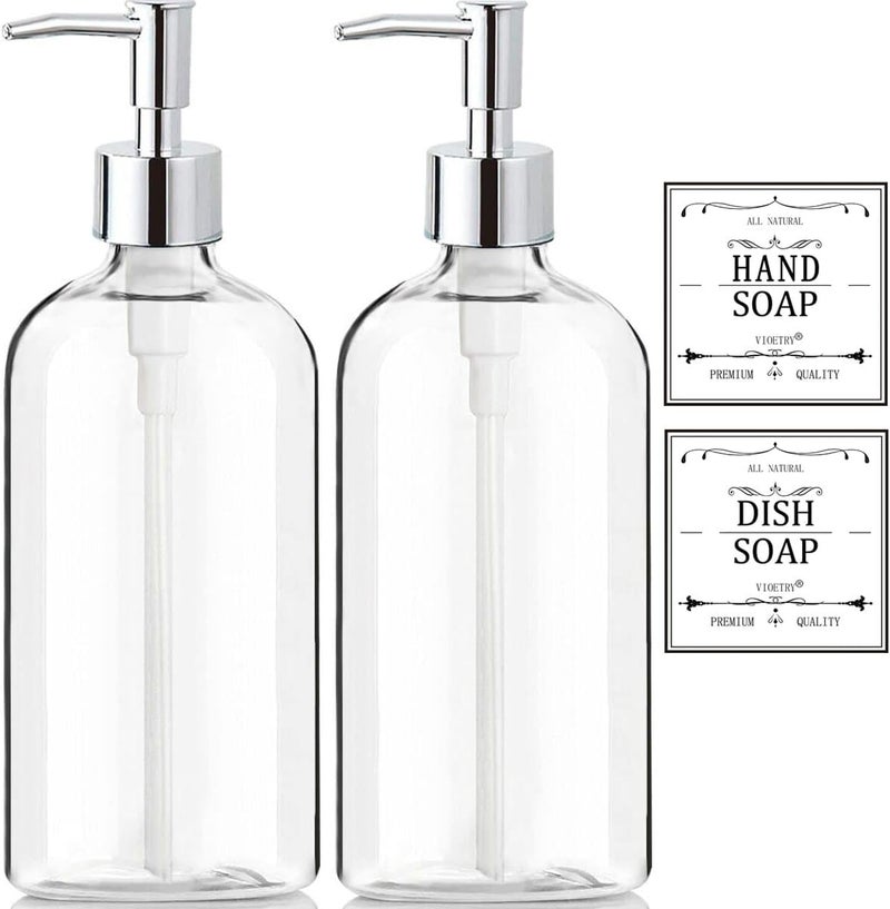 Xlent Clear Soap Dispenser with Rust Proof Pump, Waterproof Labels (2 Pack,16 Oz), Plastic Hand Soap Dish Soap Dispenser for Kitchen Bathroom - Image 1